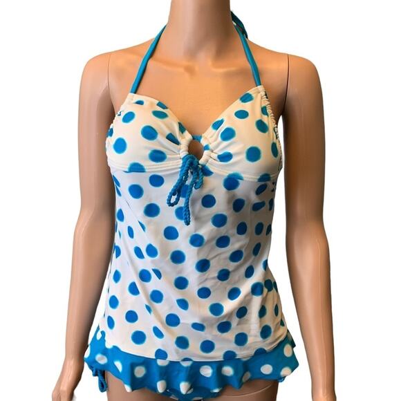 Hula Honey Blue Polka Dot Halter Tie Tankini Two Piece Medium - Picture 1 of 5